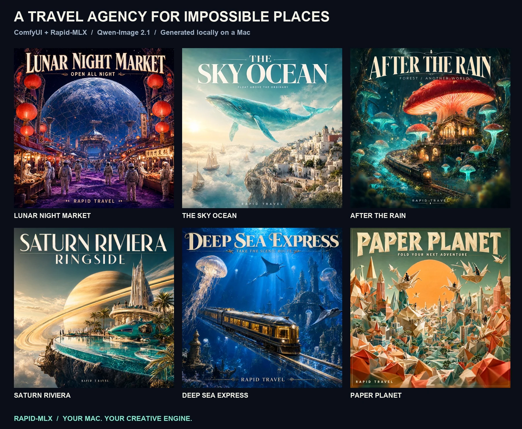 The six selected imaginary travel posters: Lunar Night Market, The Sky Ocean, After the Rain, Saturn Riviera, Deep Sea Express, and Paper Planet.