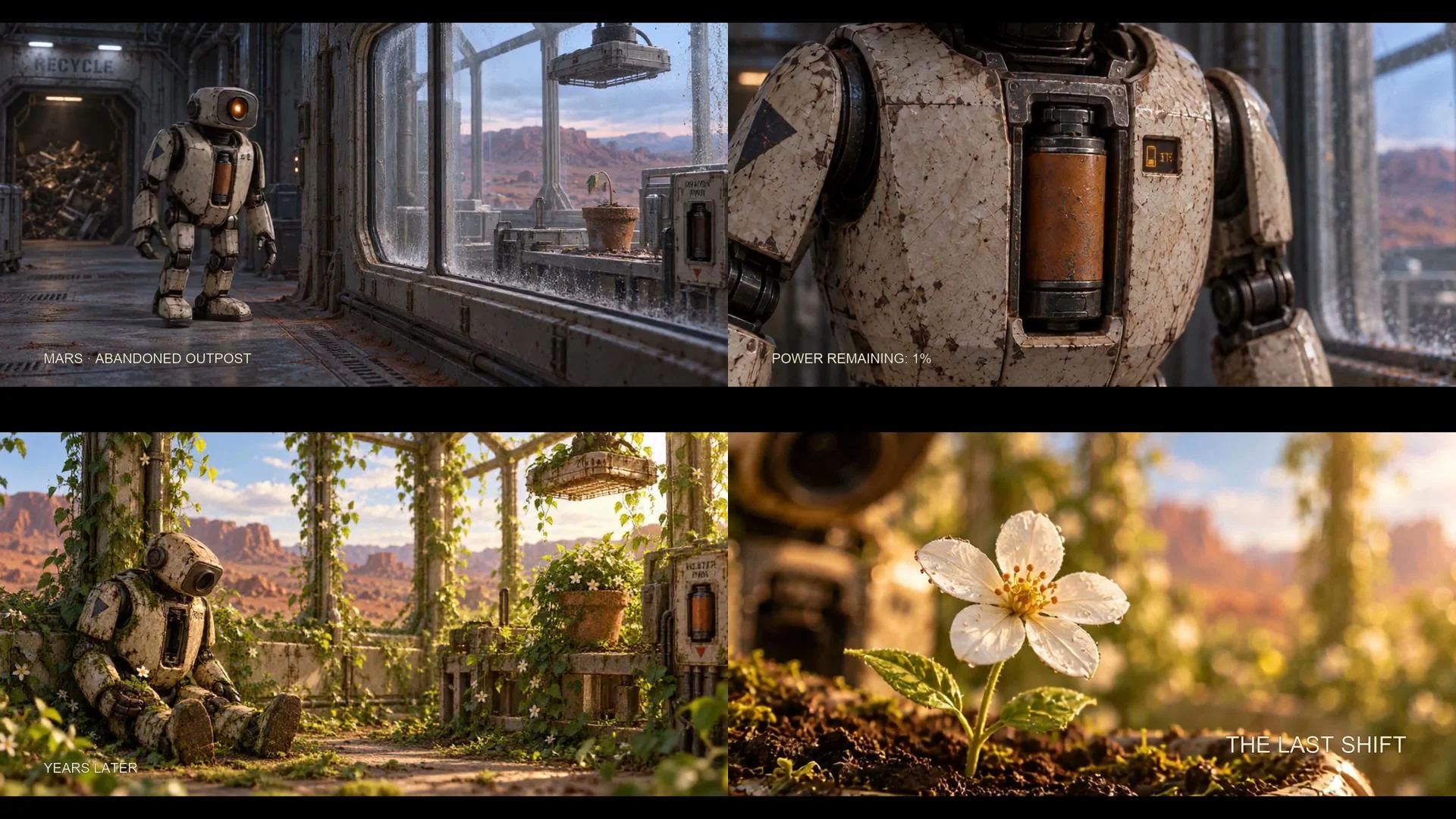 English title cards and captions typeset over frames from the finished film.