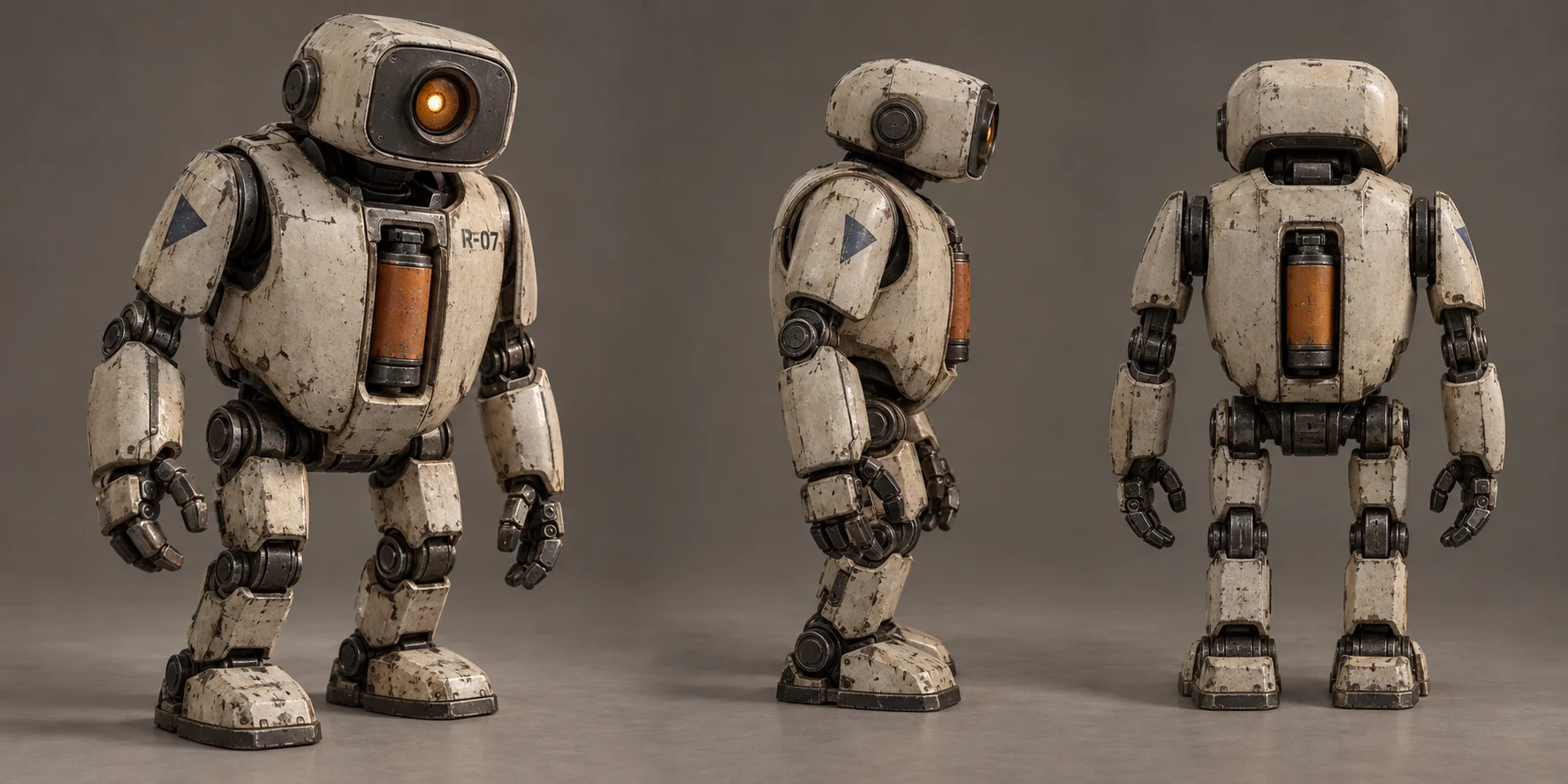 R-07 character turnaround showing worn ivory enamel, one amber eye, and an orange chest cartridge.