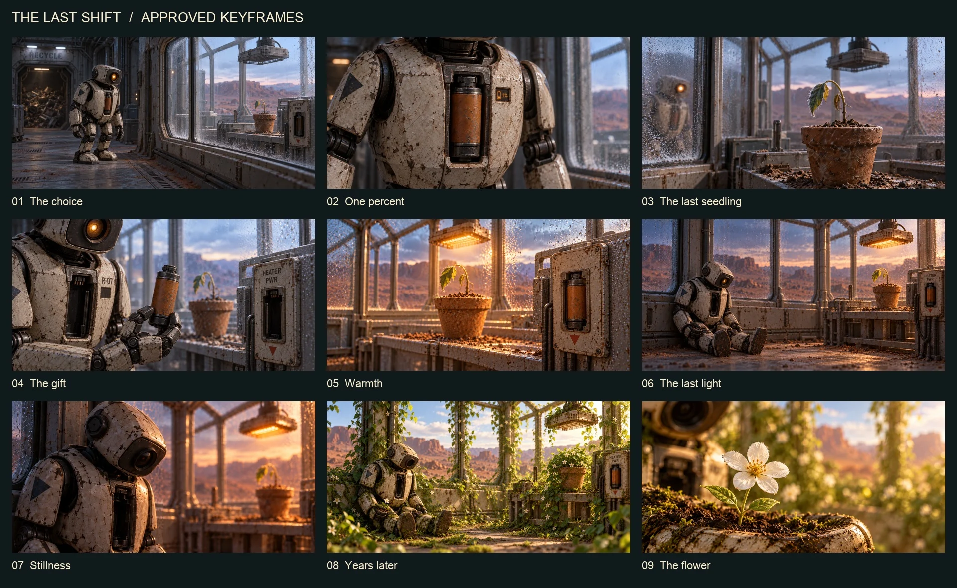 Nine storyboard keyframes following the robot from the power decision to the flower years later.