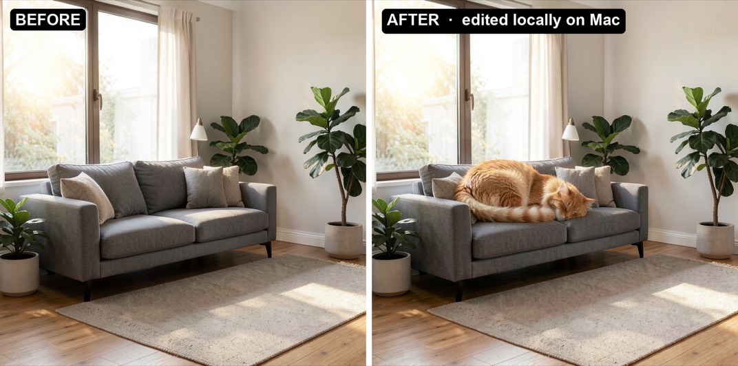 Before and after: a sofa photo, then the same photo with a sleeping cat added — edited locally on a Mac