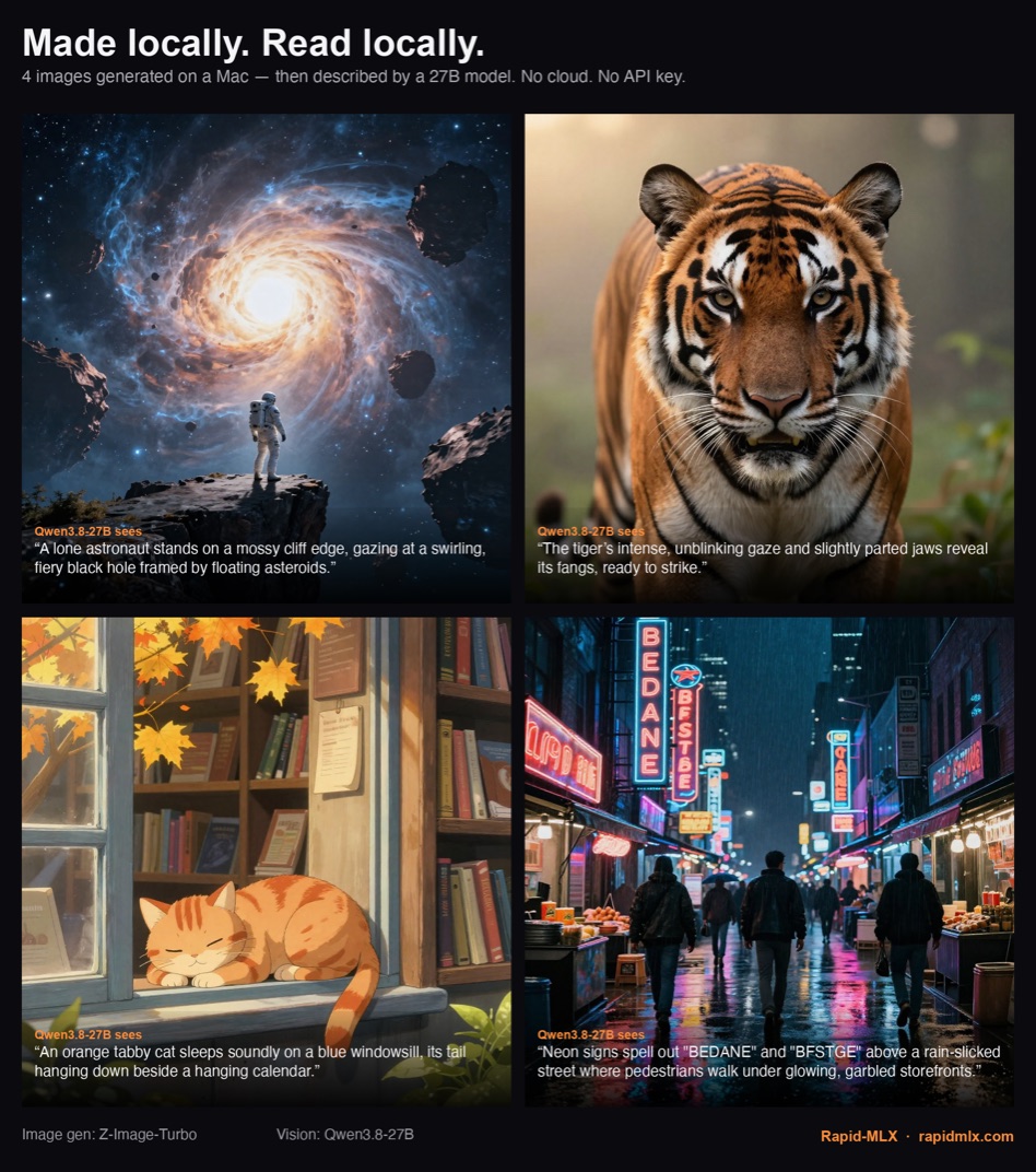 Made locally. Read locally. Four images generated on a Mac, then described by Qwen3.8-27B