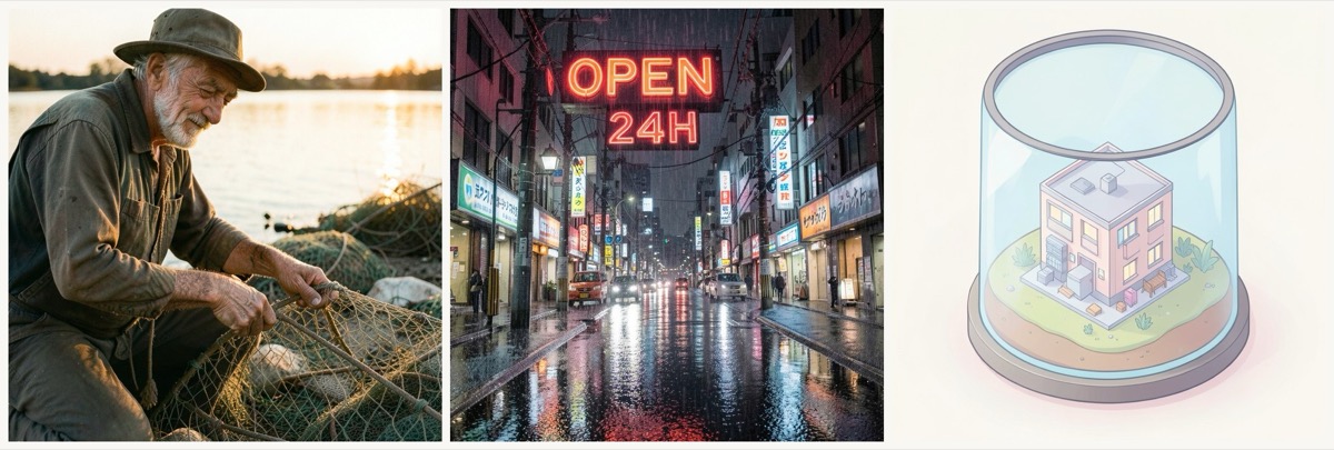 Three 1024x1024 images generated locally with FLUX.2 klein 4B: a fisherman mending a net at golden hour, a neon-lit Tokyo street reading OPEN 24H, and a pastel isometric building under a glass dome.