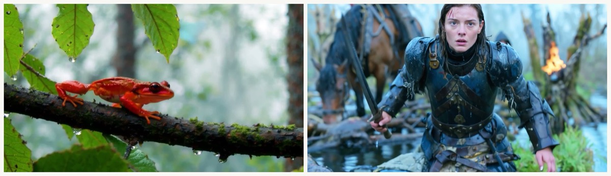 Two frames from a nine-second clip generated in the Desktop Video workspace: a red frog on a wet mossy branch in rainforest light, and an armoured figure kneeling in a misty stream.