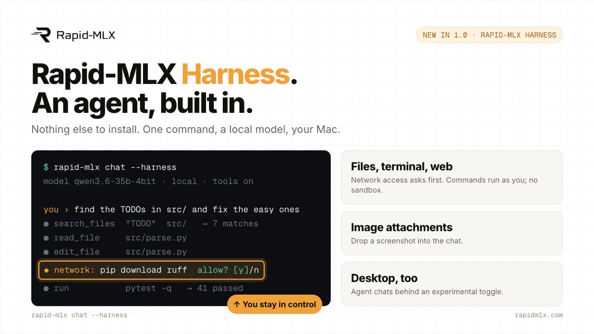 Rapid-MLX Harness in a terminal: it finds TODOs in src, reads and edits a file, stops to ask before a network download, then runs the tests: 41 passed.