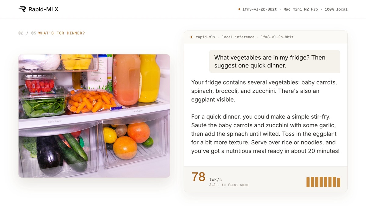 LFM3-VL 2B running locally: a photo of an open fridge, the question “What vegetables are in my fridge? Then suggest one quick dinner.” and the model's answer listing baby carrots, spinach, broccoli, zucchini and eggplant, with a stir-fry suggestion.