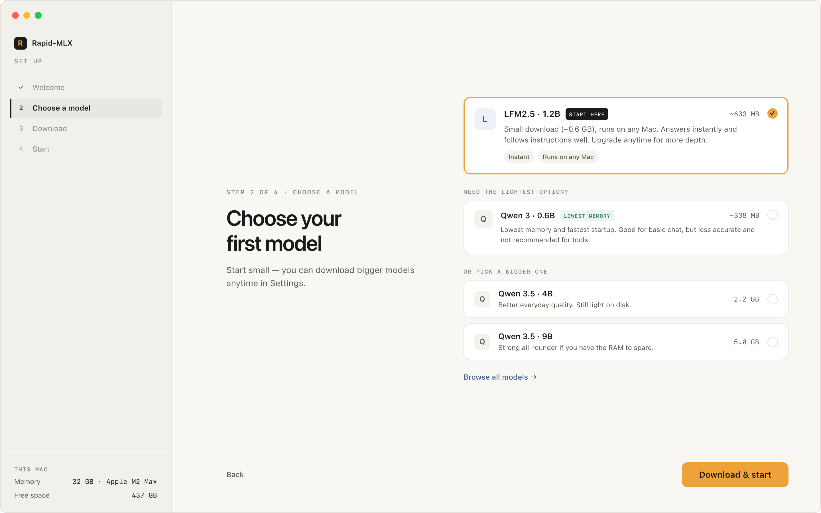 Rapid-MLX desktop app model selection screen in light mode
